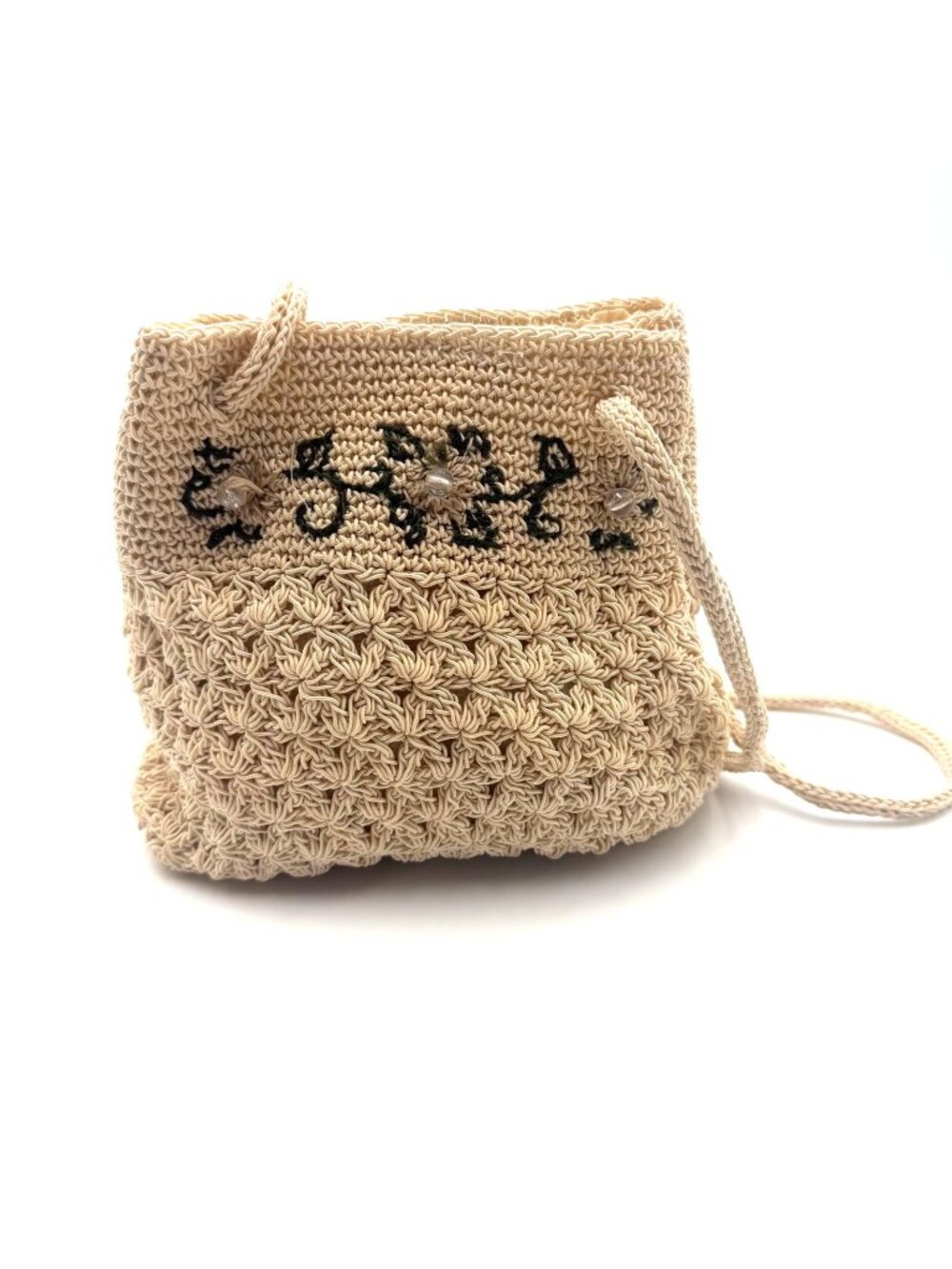 Jackson Crochet Knit Shoulder Bag Beige Boho Drawstring Purse Small Handbag
